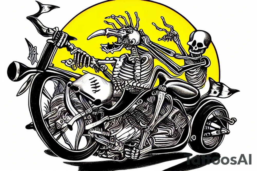 skeleton riding a motorcycle really fast in flames into the sunset tattoo idea
