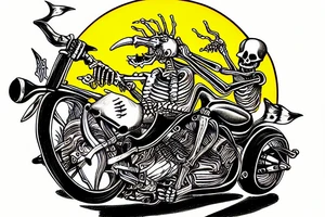 skeleton riding a motorcycle really fast in flames into the sunset tattoo idea