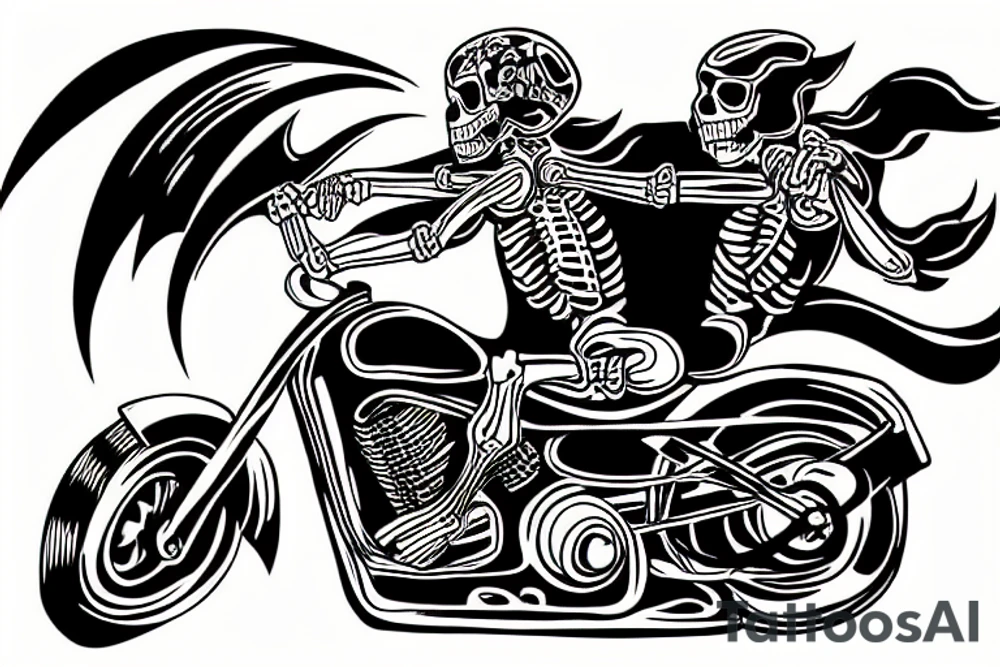 skeleton riding a motorcycle really fast in flames into the sunset tattoo idea