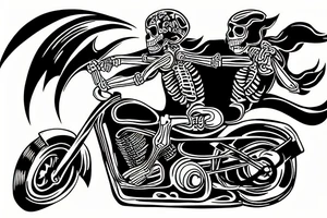 skeleton riding a motorcycle really fast in flames into the sunset tattoo idea