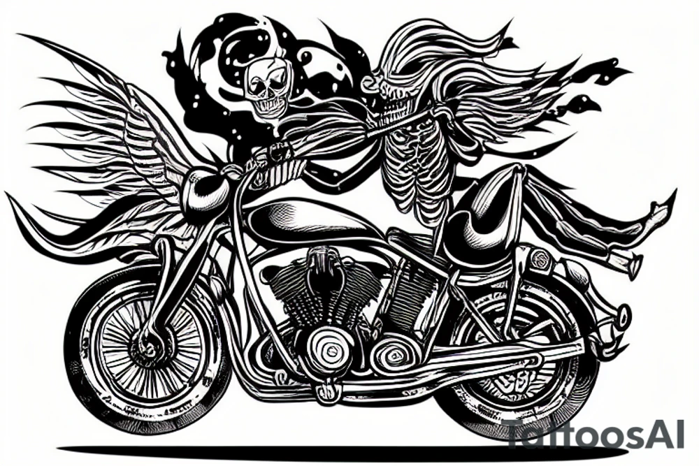 skeleton riding a motorcycle really fast in flames into the sunset tattoo idea