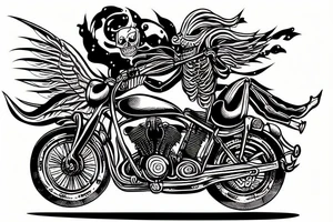 skeleton riding a motorcycle really fast in flames into the sunset tattoo idea