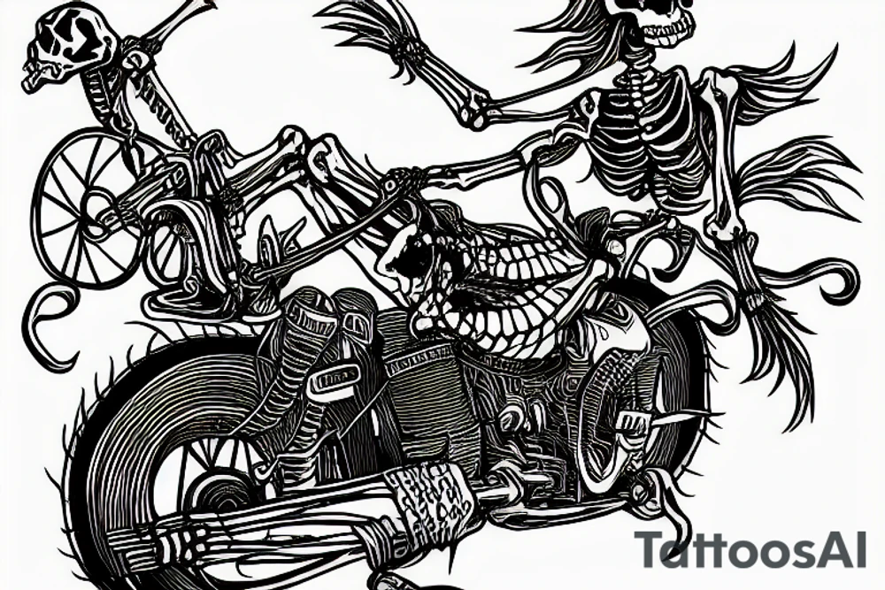 skeleton riding a motorcycle really fast in flames into the sunset tattoo idea