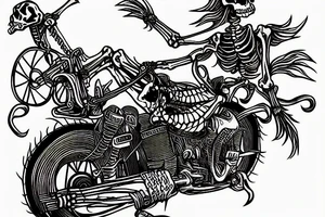 skeleton riding a motorcycle really fast in flames into the sunset tattoo idea
