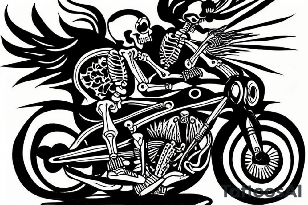 skeleton riding a motorcycle really fast in flames into the sunset tattoo idea