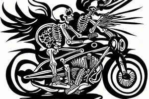 skeleton riding a motorcycle really fast in flames into the sunset tattoo idea