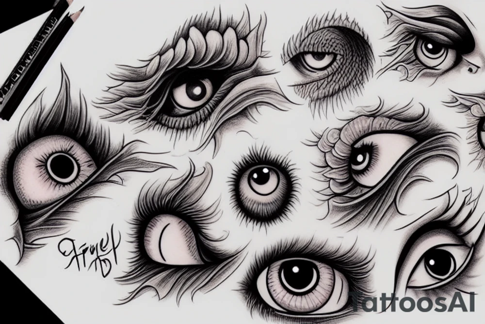 eye sounded by clouds and fire
angel tattoo idea