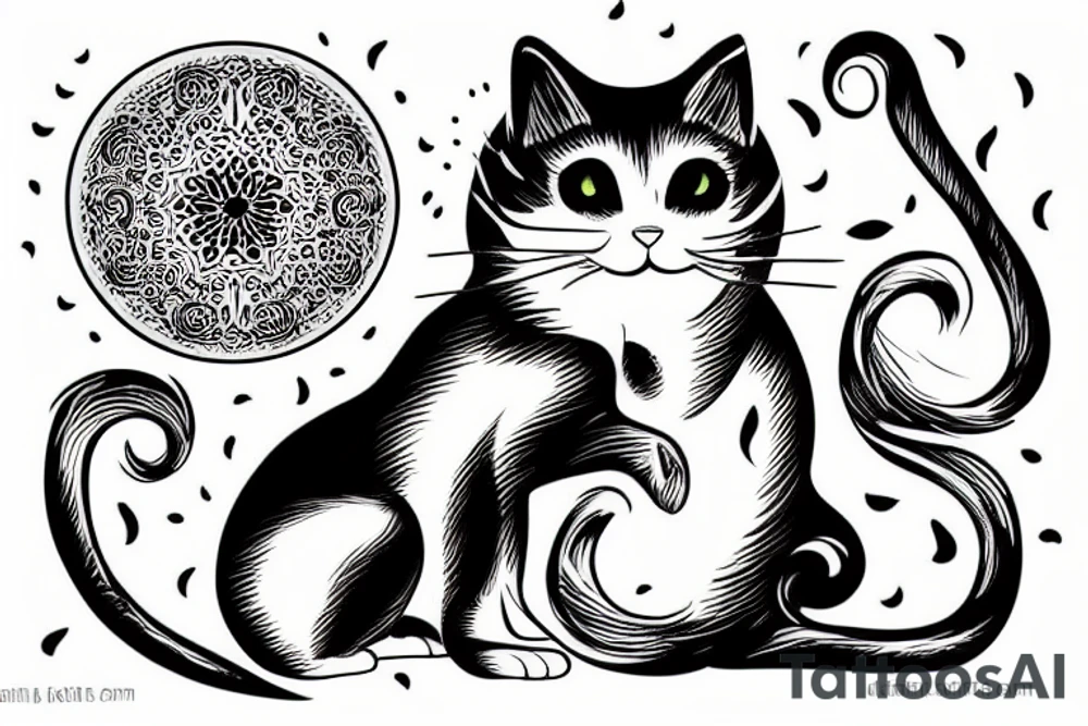 fat black white cat belly tattoo idea