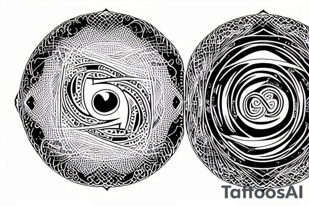 Heart of Pluto with with yin and yang encircled by the circle of life with meditation and mountains tattoo idea