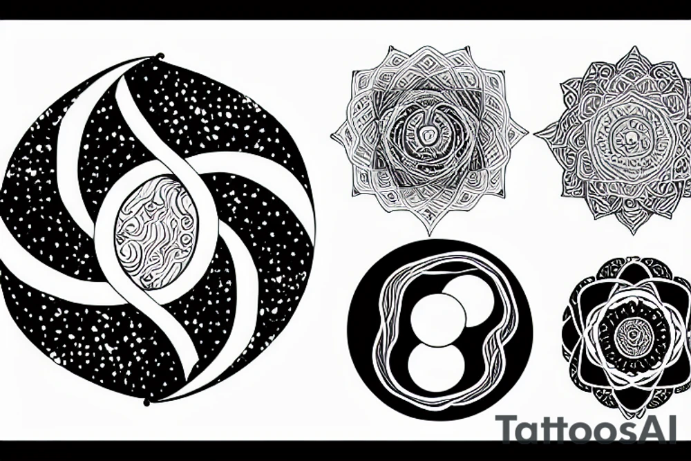 Heart of Pluto with with yin and yang encircled by the circle of life with meditation and mountains tattoo idea