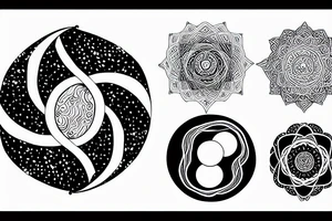 Heart of Pluto with with yin and yang encircled by the circle of life with meditation and mountains tattoo idea
