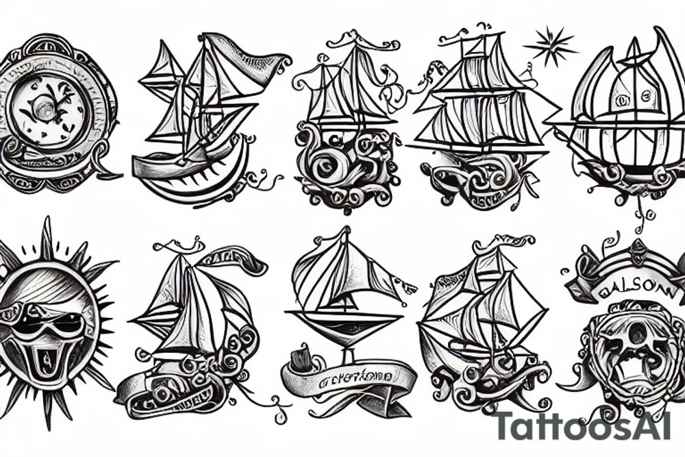 Galleon and seaside with sun tattoo idea