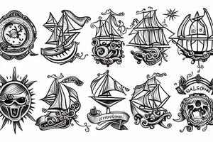 Galleon and seaside with sun tattoo idea