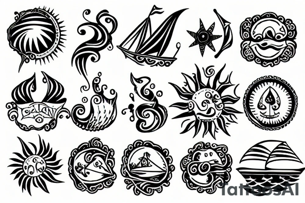 Galleon and seaside with sun tattoo idea