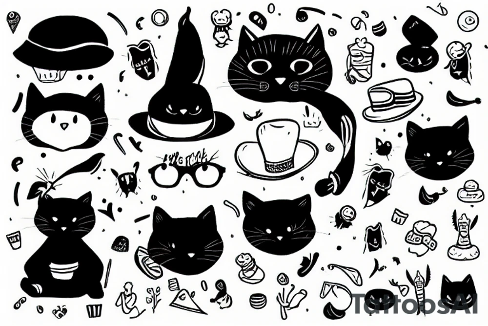 black cat with funny hat and sweater tattoo idea