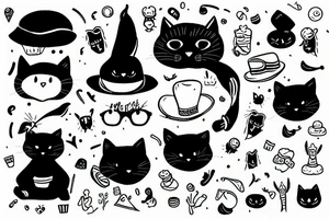 black cat with funny hat and sweater tattoo idea