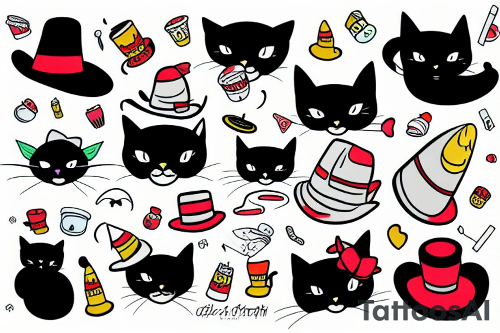 black cat with funny hat and sweater tattoo idea