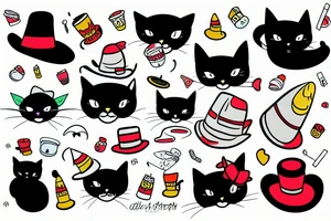 black cat with funny hat and sweater tattoo idea