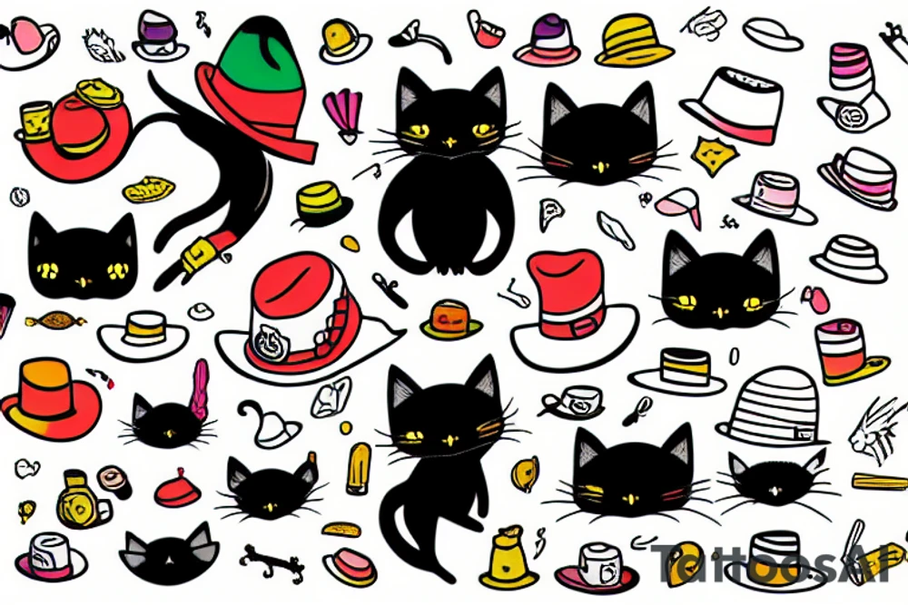 black cat with funny hat and sweater tattoo idea