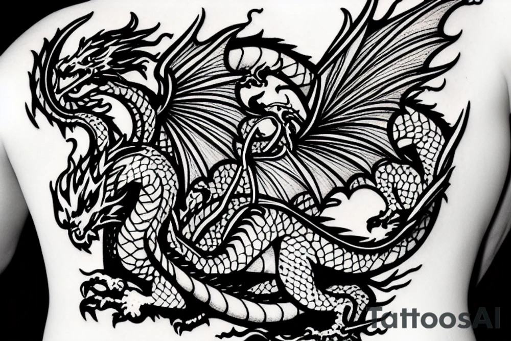 dragon blowing up on fire with castle behind tattoo idea
