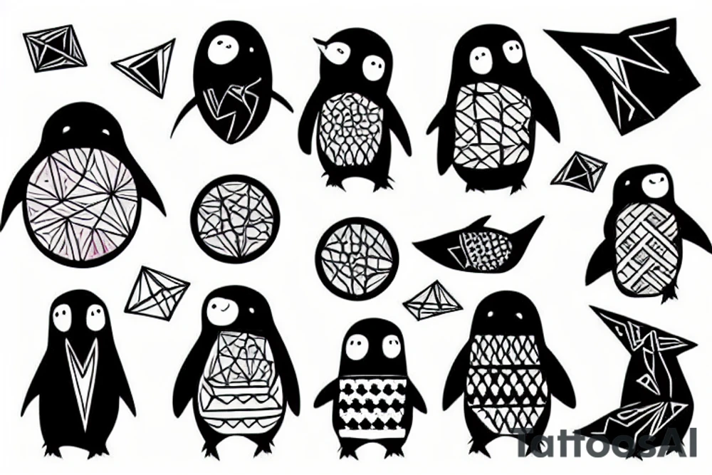 geometric penguins watercolor detailed tattoo idea
