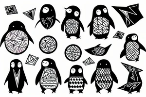 geometric penguins watercolor detailed tattoo idea