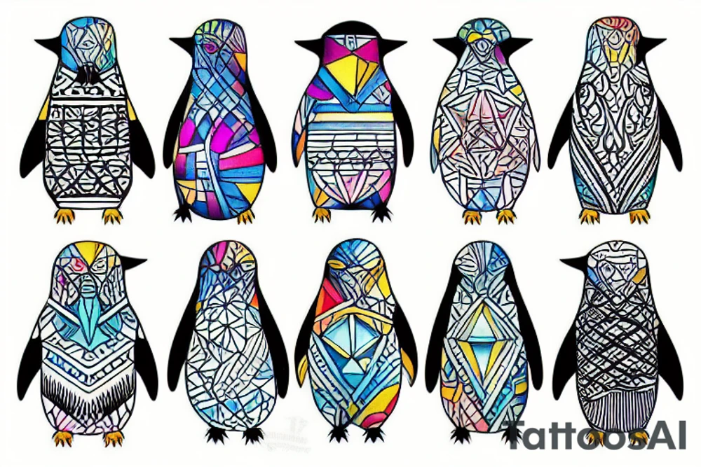 geometric penguins watercolor detailed tattoo idea