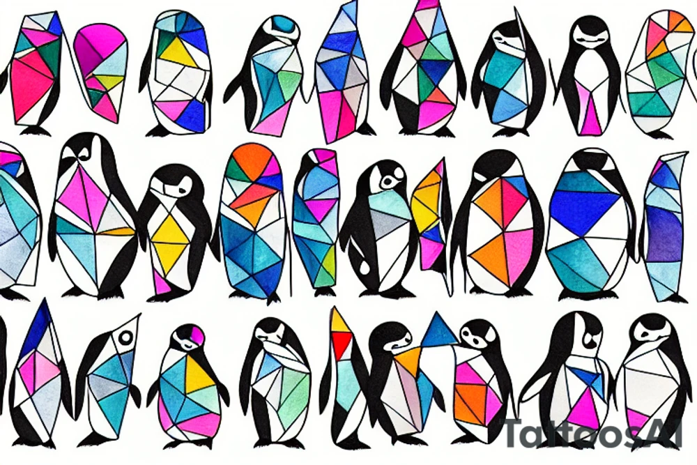 geometric penguins watercolor detailed tattoo idea