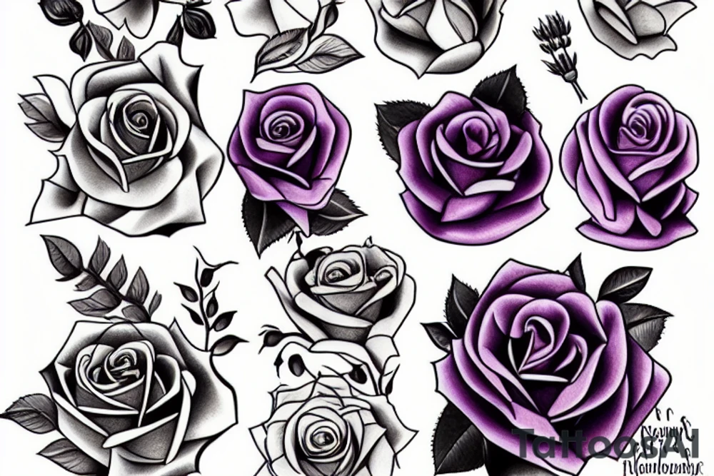 1 rose, lavender, lilac bouquet tattoo idea