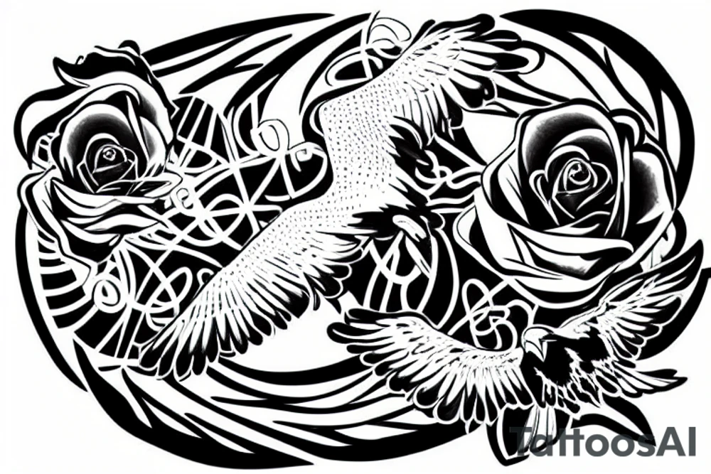 A rose and an eagle wing connected by a dna strand down the center tattoo idea