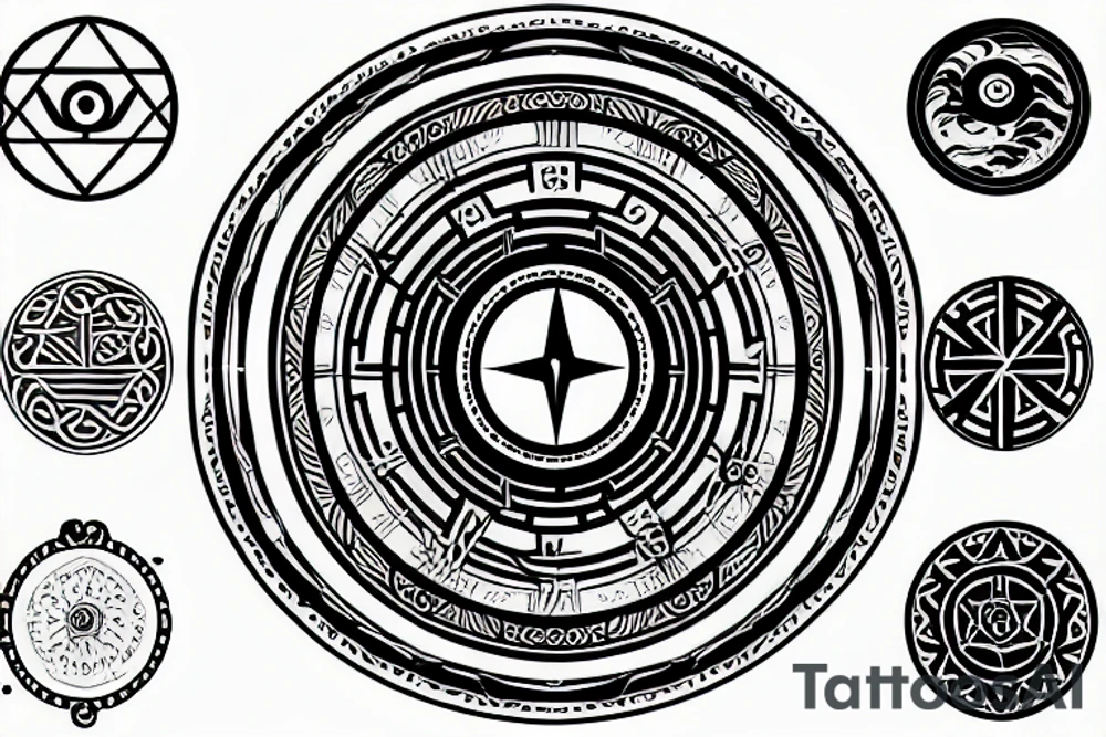yin and yang symbol filled with half compass and half clock tattoo idea