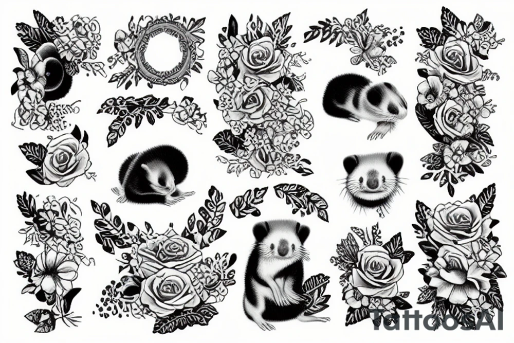 A ferret with a flower frame behind tattoo idea