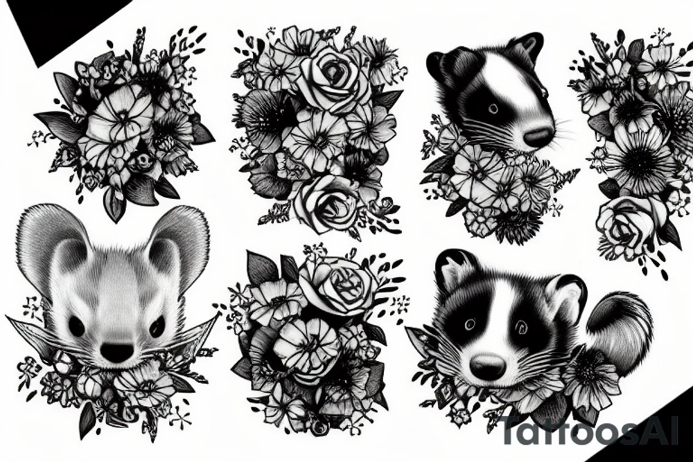 A ferret with a flower frame behind tattoo idea