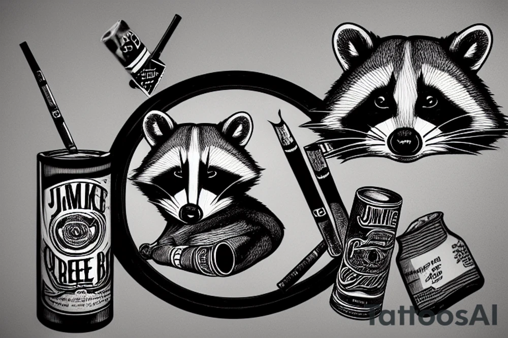 Raccoon with cigarette and can of jim beam tattoo idea