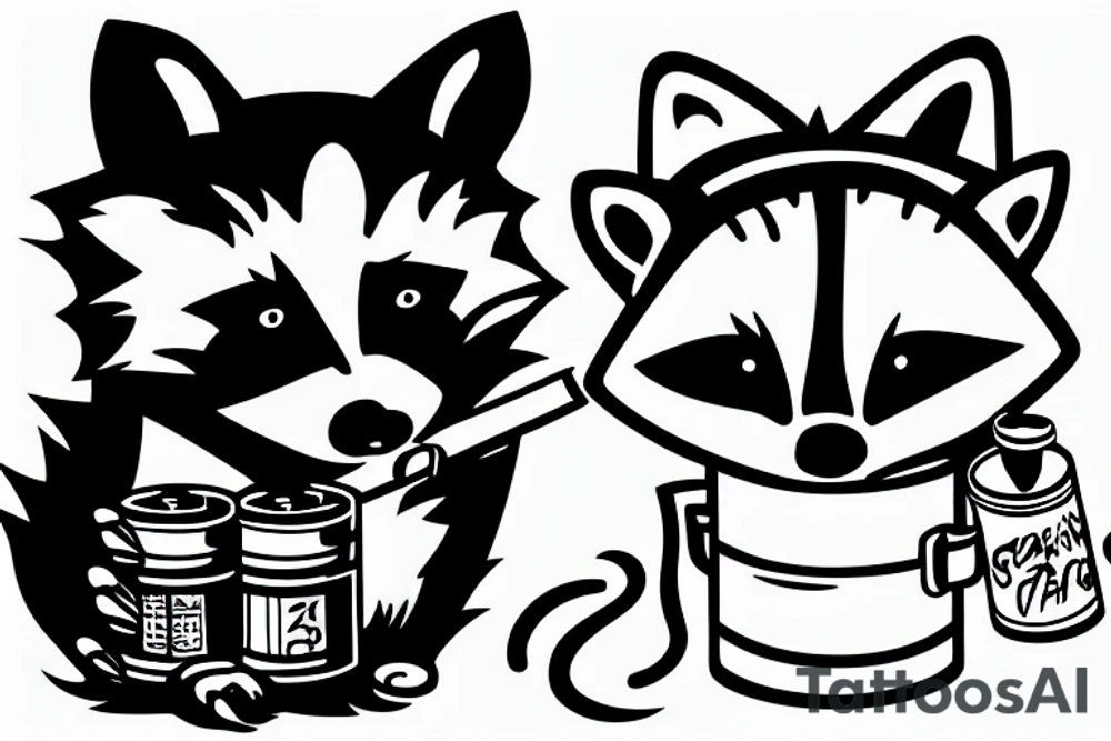 Raccoon smoking cigarette and holding a can of alcohol tattoo idea