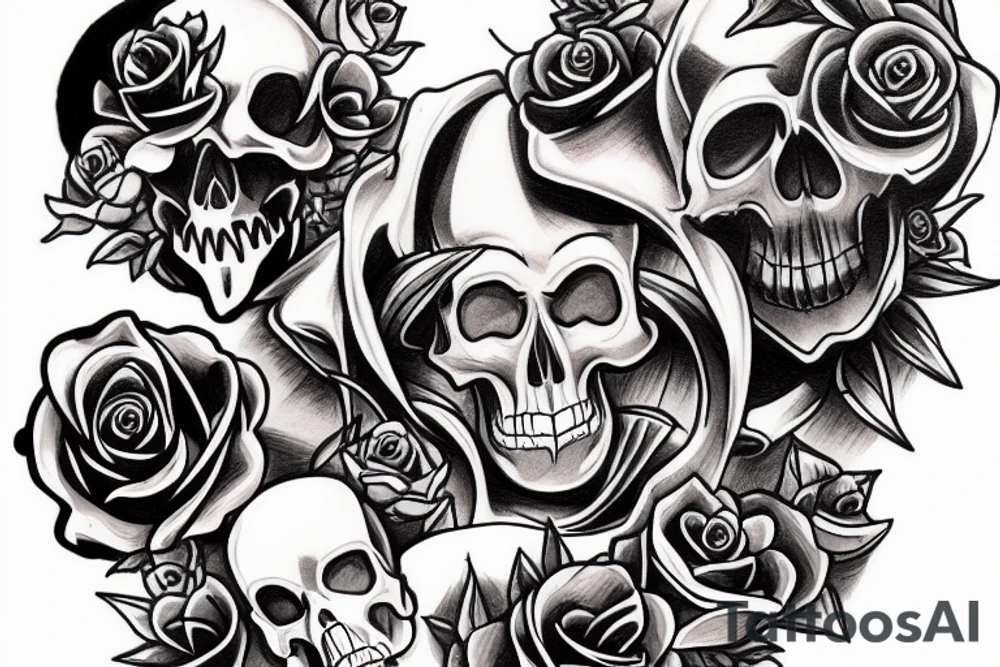 skull and roses tattoo idea