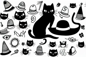 Black cat with a funny hat tattoo idea