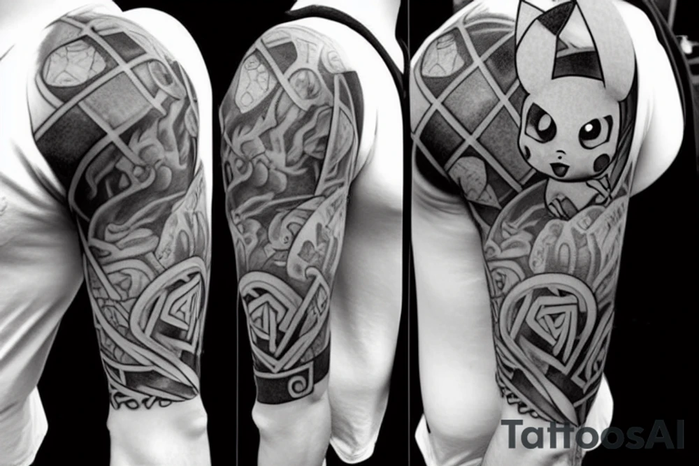A full sleeve that talls im a teacher and a cinematograf. Also include a little pikachu and viking tattoo idea