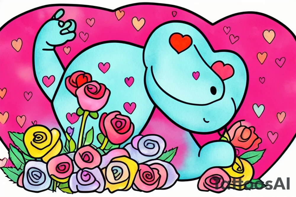 A happy hippo holding a rose in a heart shaped pool floatie with sprinkles on it tattoo idea