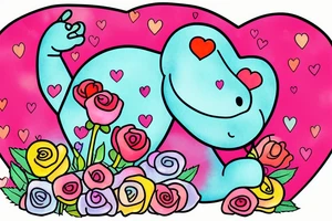 A happy hippo holding a rose in a heart shaped pool floatie with sprinkles on it tattoo idea