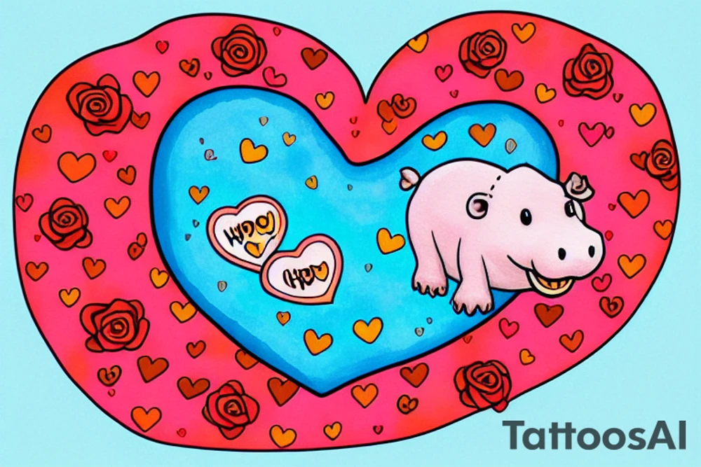 A happy hippo in a heart shaped pool floatie with sprinkles on it. The hippo is holding a red rose tattoo idea