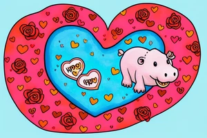 A happy hippo in a heart shaped pool floatie with sprinkles on it. The hippo is holding a red rose tattoo idea