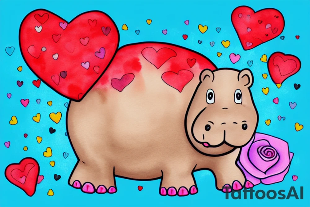 A happy hippo in a heart shaped pool floatie with sprinkles on it. The hippo is holding a red rose tattoo idea