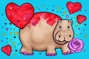 A happy hippo in a heart shaped pool floatie with sprinkles on it. The hippo is holding a red rose tattoo idea