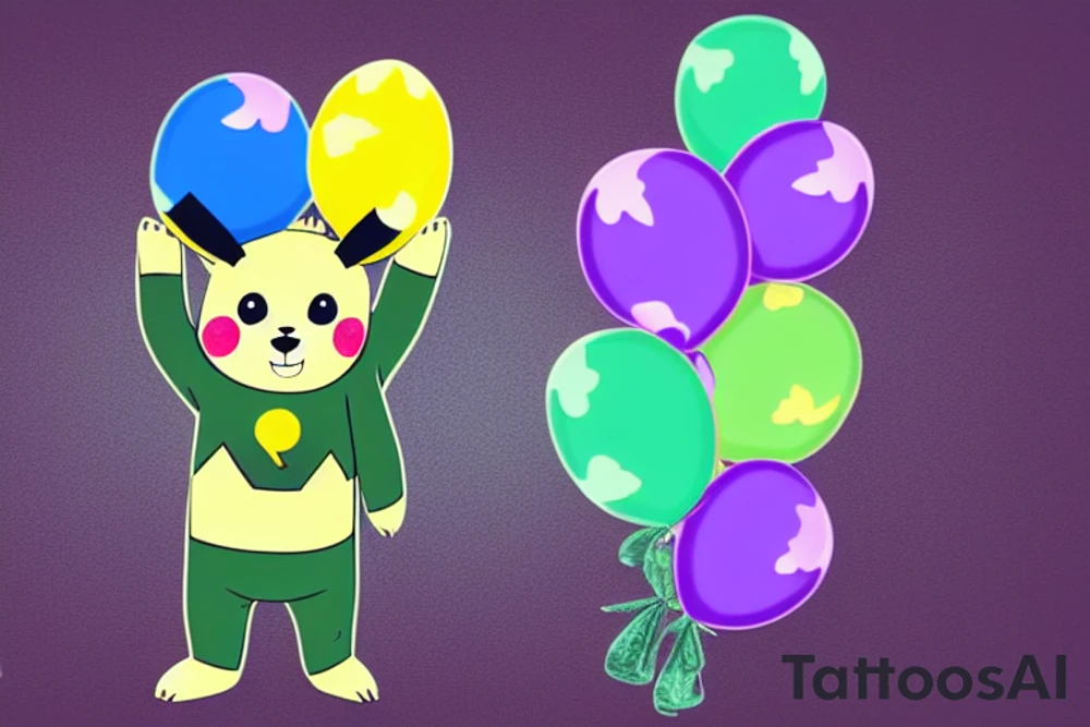 A bear with purple pants and a green sweater holding 4 foil balloons. The balloons are shaped like a unicorn, a dolphin, pikachu and a bunny tattoo idea