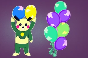 A bear with purple pants and a green sweater holding 4 foil balloons. The balloons are shaped like a unicorn, a dolphin, pikachu and a bunny tattoo idea
