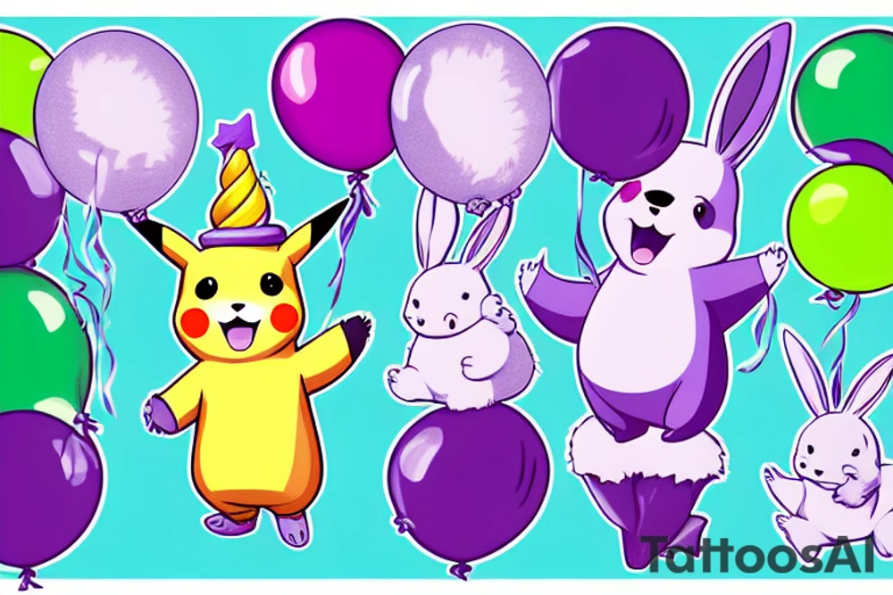 A bear with purple pants and a green sweater holding 4 foil balloons. The balloons are shaped like a unicorn, a dolphin, pikachu and a bunny tattoo idea