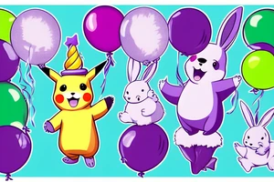 A bear with purple pants and a green sweater holding 4 foil balloons. The balloons are shaped like a unicorn, a dolphin, pikachu and a bunny tattoo idea