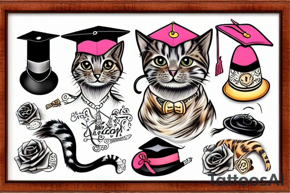 a cat in a frame , wearing a graduates hat tattoo idea
