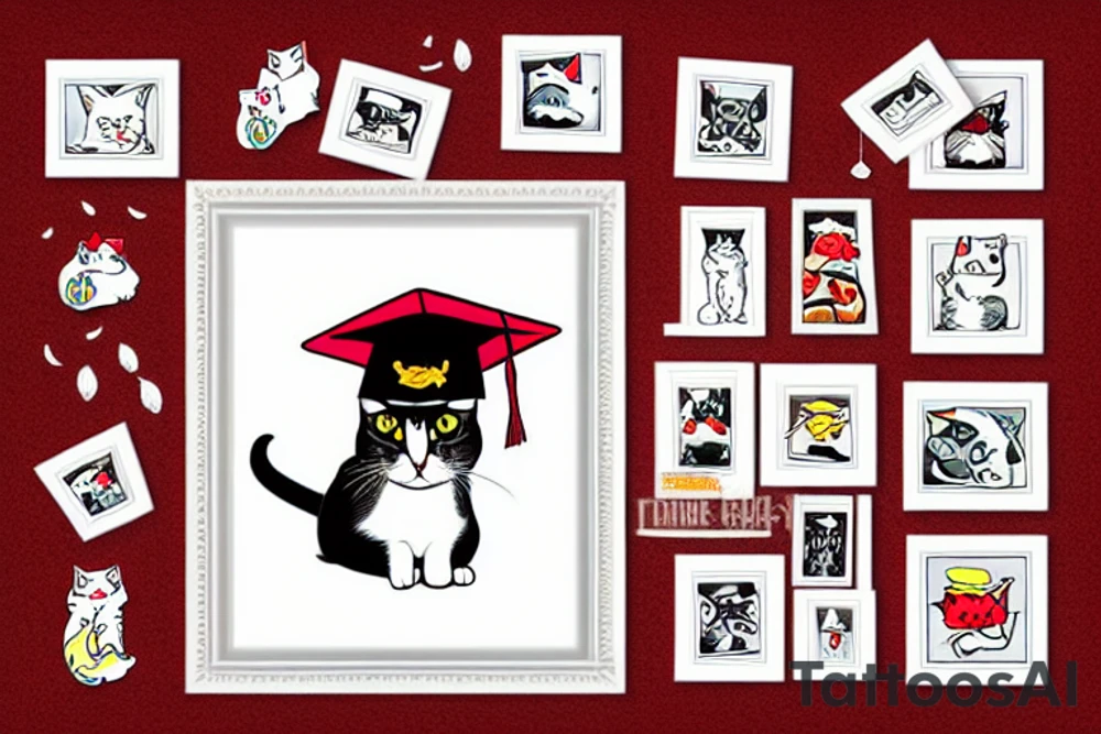 a cat in a frame , wearing a graduates hat tattoo idea
